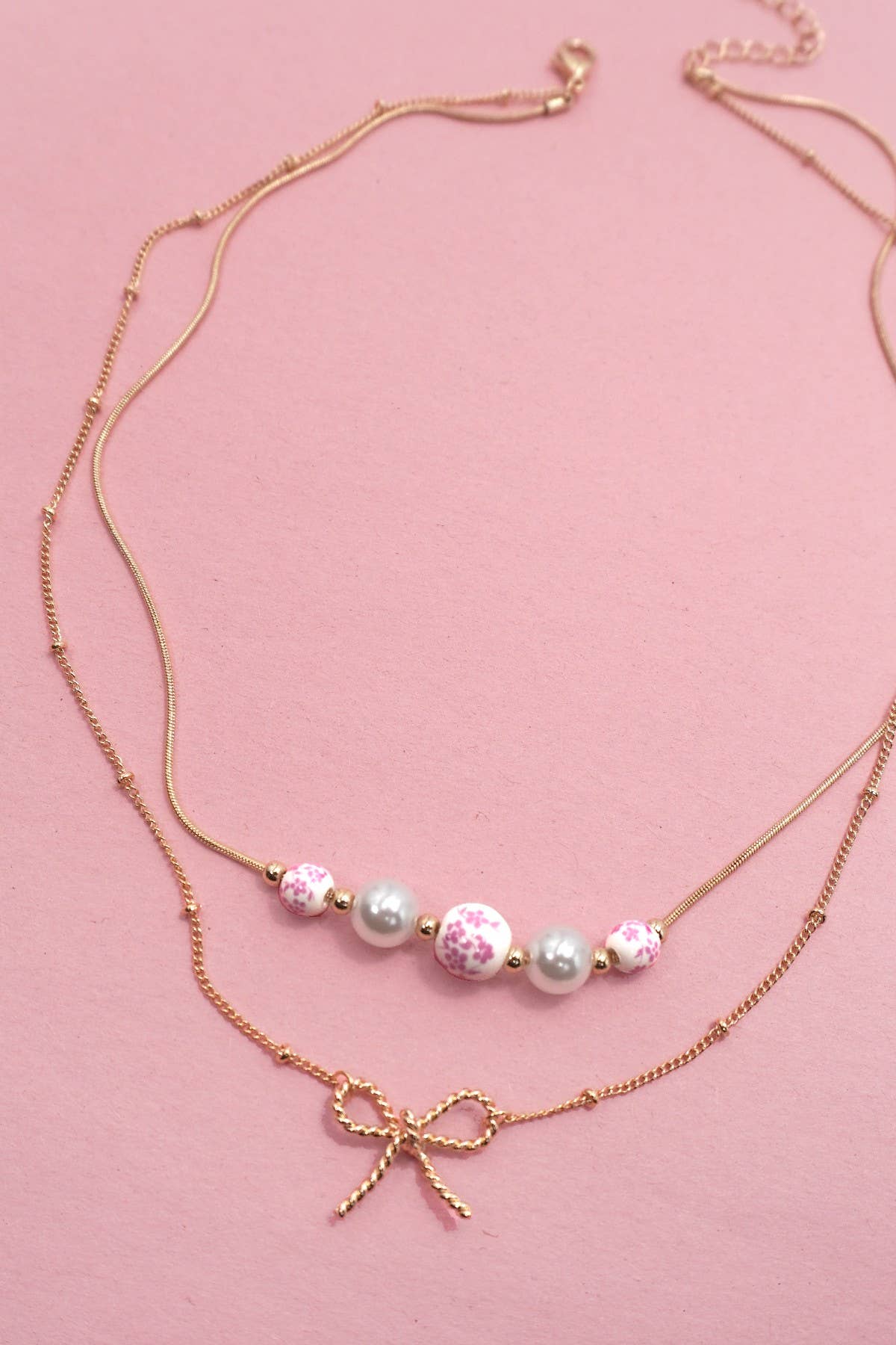 Pink Bow & Pearl Necklace