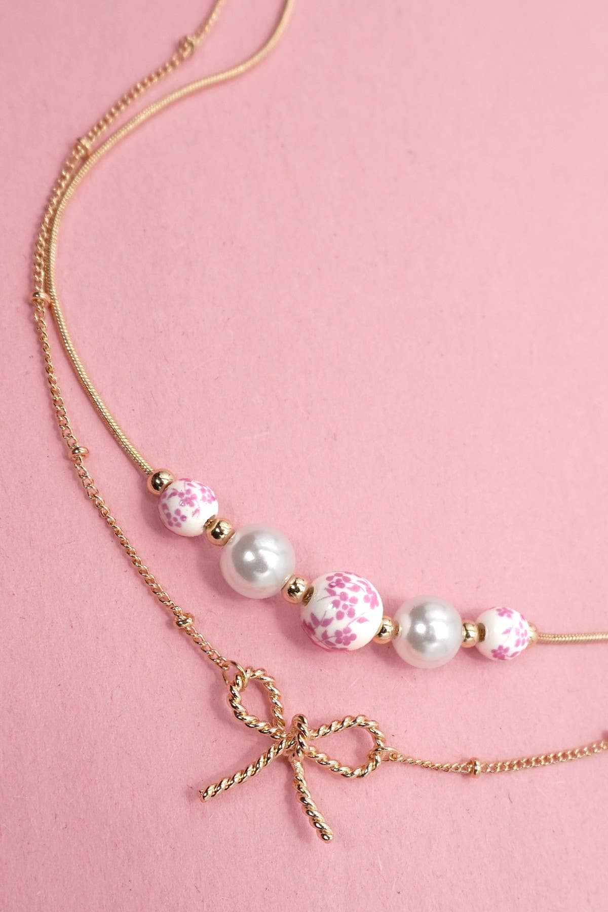 Pink Bow & Pearl Necklace