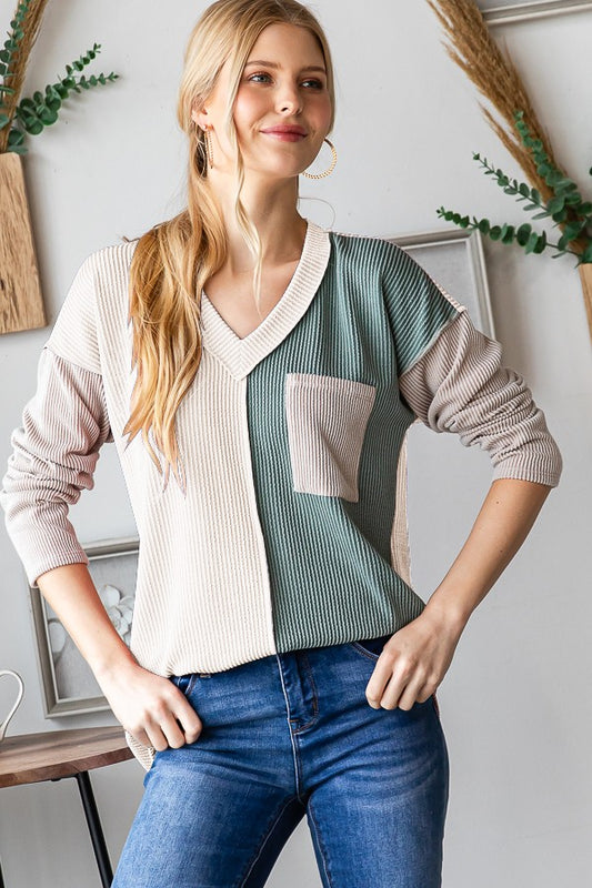 Color Block Ribbed Long Sleeve Tee