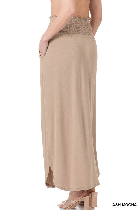 Smocked Waist Side Slit Maxi Skirt