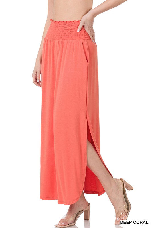 Smocked Waist Side Slit Maxi Skirt