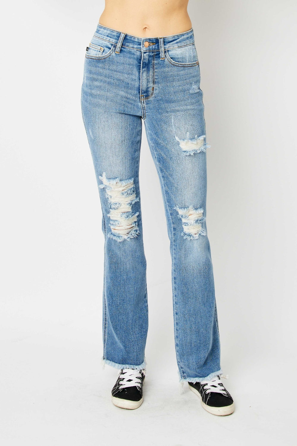 Judy Blue Mid Rise Distressed Raw Hem Bootcut Jeans