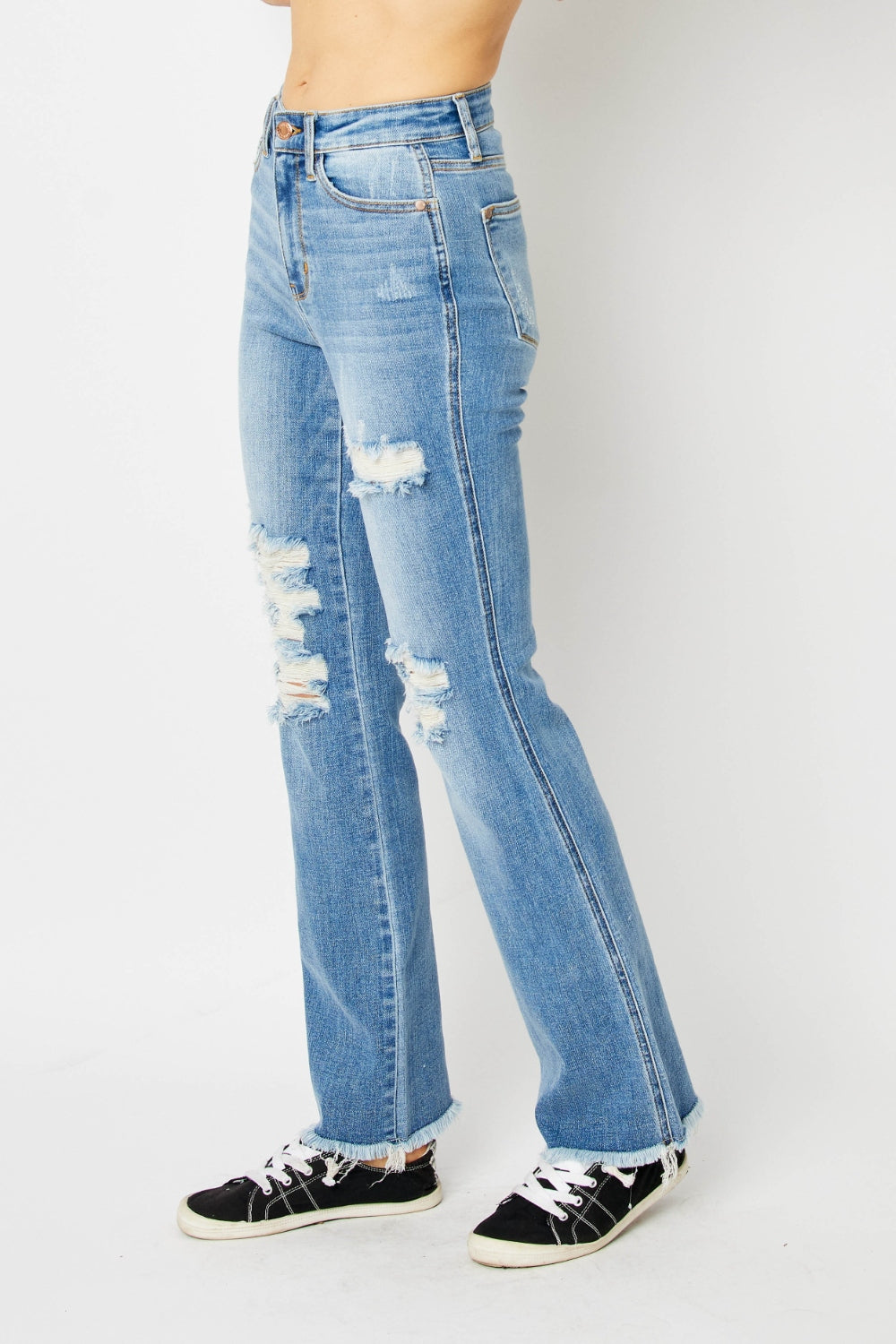 Judy Blue Mid Rise Distressed Raw Hem Bootcut Jeans