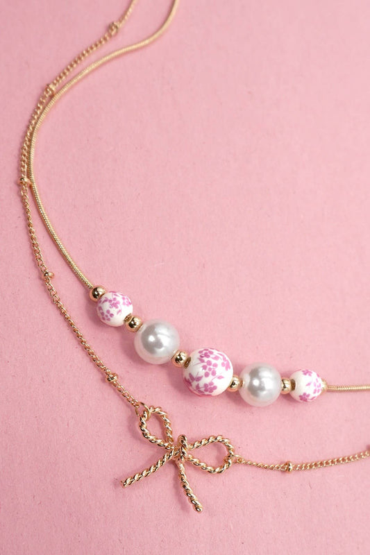 Pink Bow & Pearl Necklace
