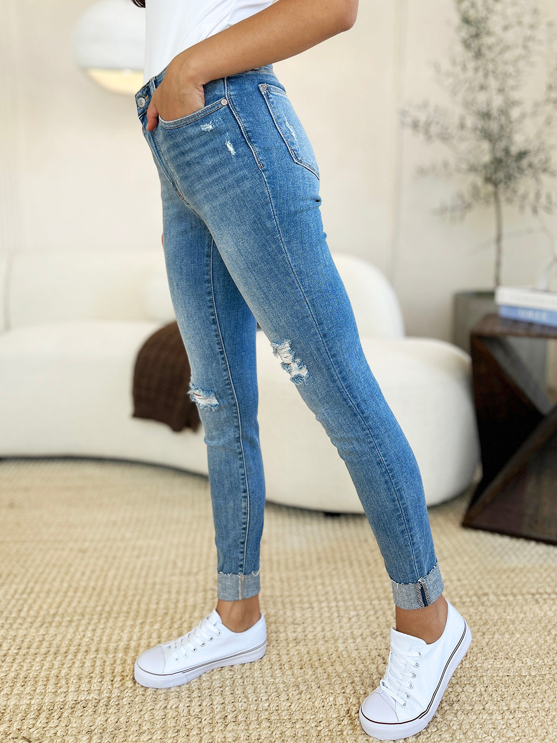 Judy Blue Mid Rise Destroyed Cuffed Skinny Jeans