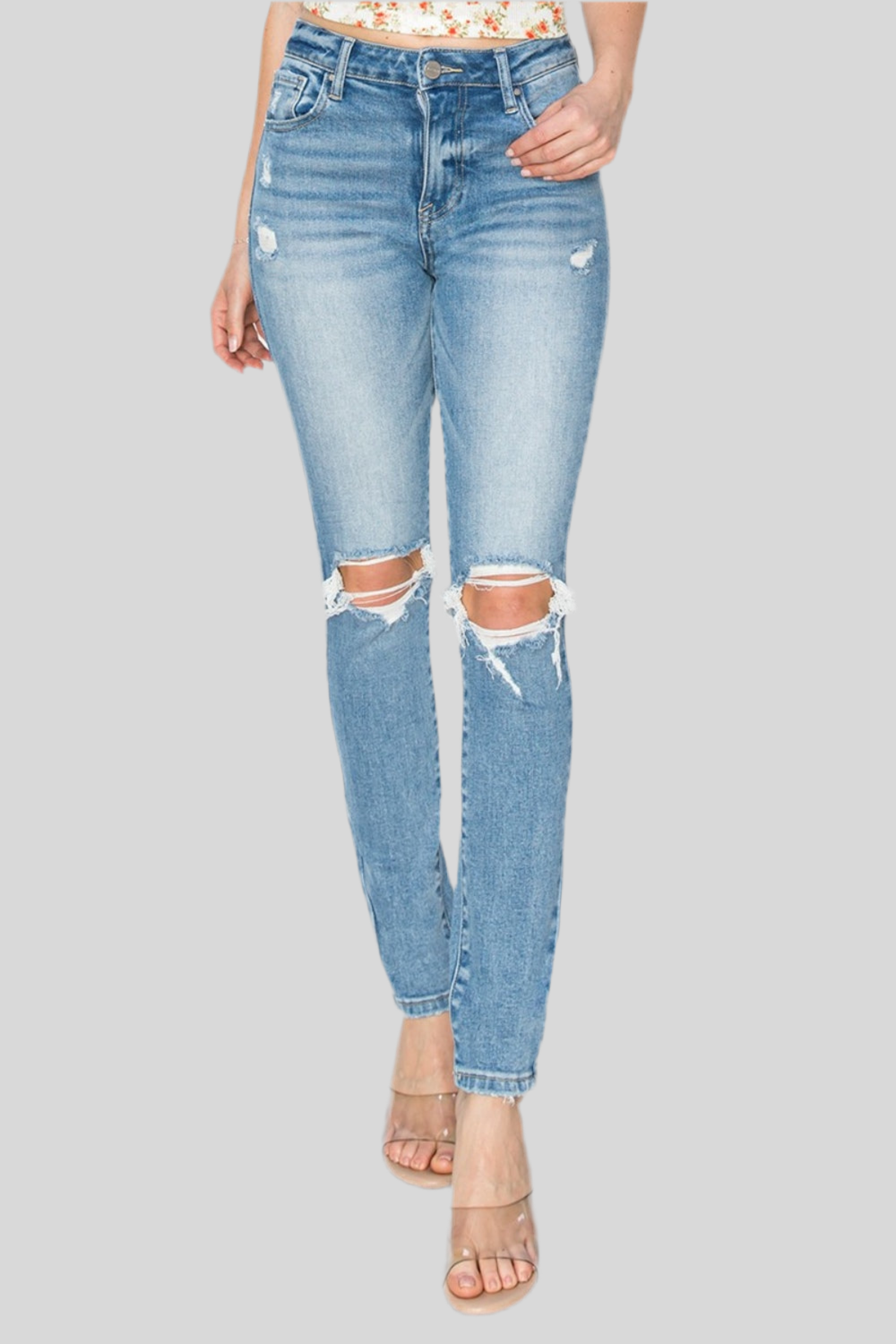 Risen High Rise Knee Distressed Skinny Jeans