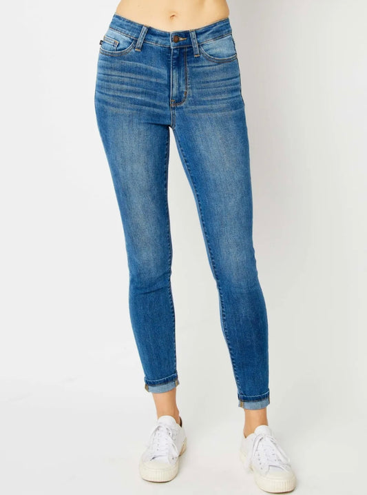 Judy Blue Non Distressed Mid Rise Rolled Cuff Skinny Jeans