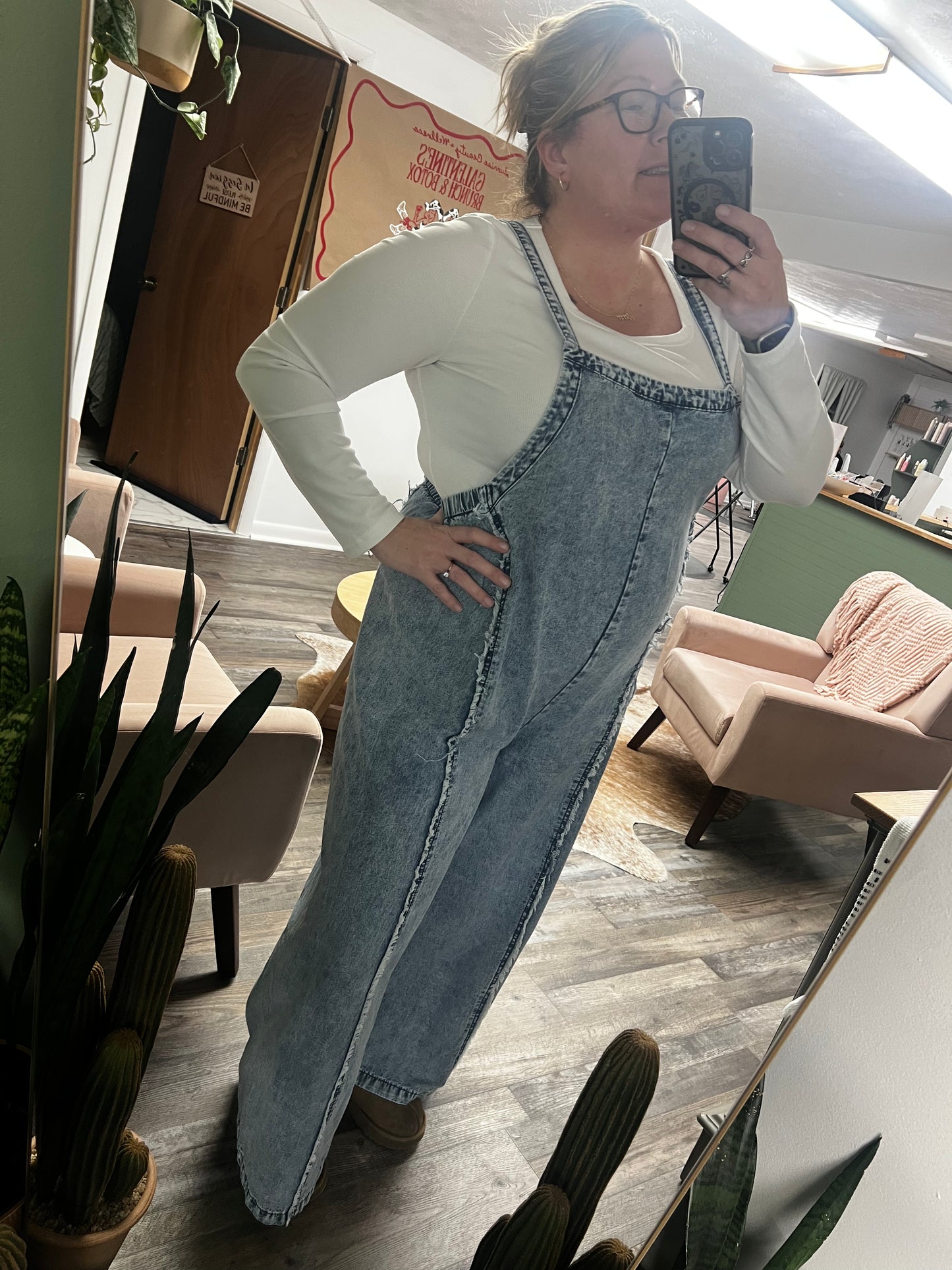 Frayed Wide Leg Denim Overalls