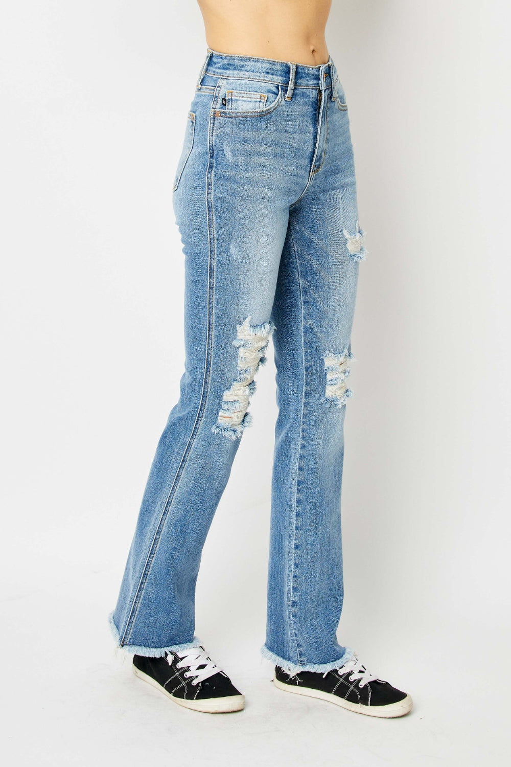 Judy Blue Mid Rise Distressed Raw Hem Bootcut Jeans