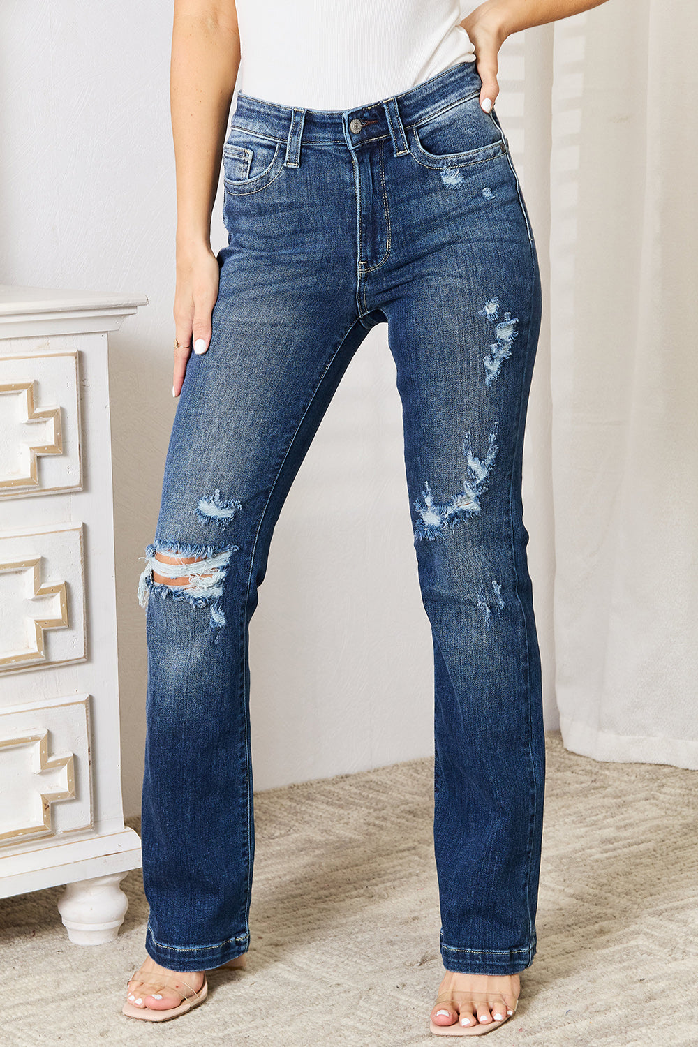 Judy Blue Mid Rise Hand Sand & Destroyed Bootcut Jeans