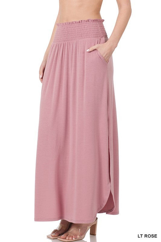 Smocked Waist Side Slit Maxi Skirt