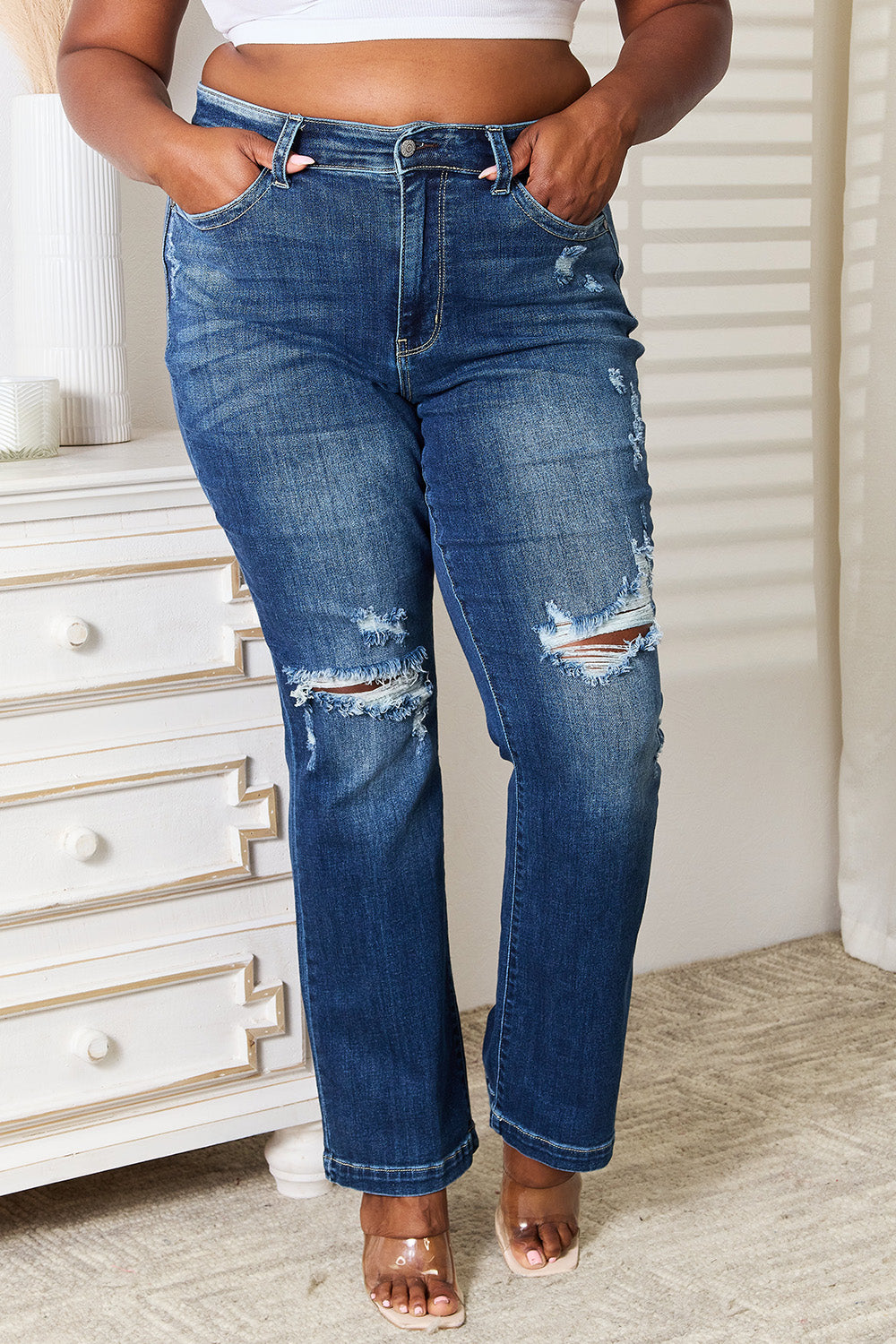 Judy Blue Mid Rise Hand Sand & Destroyed Bootcut Jeans