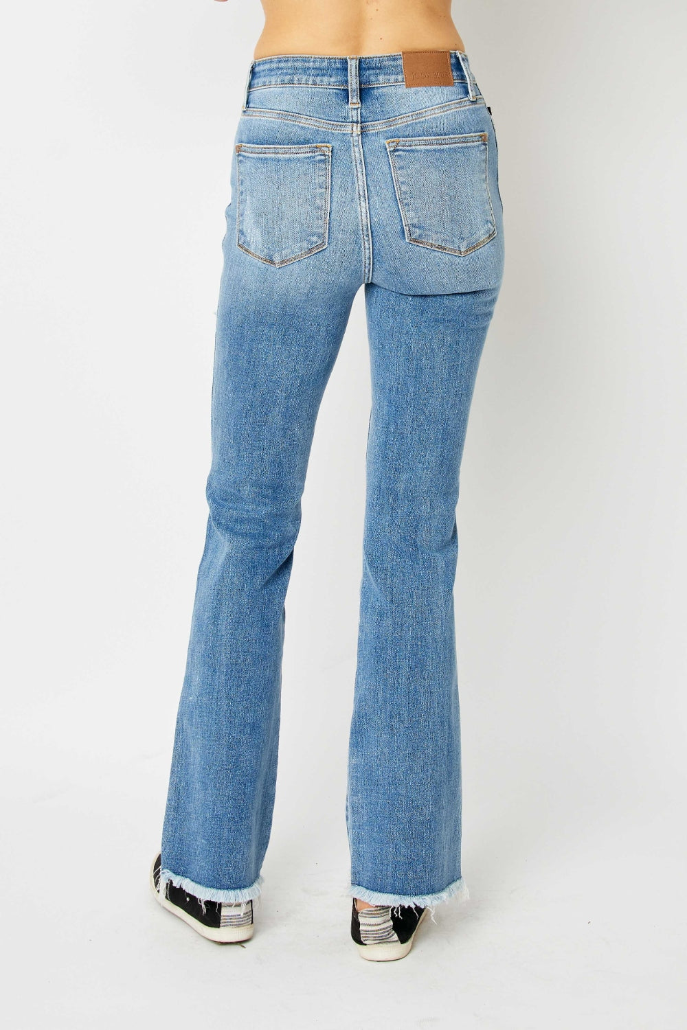 Judy Blue Mid Rise Distressed Raw Hem Bootcut Jeans