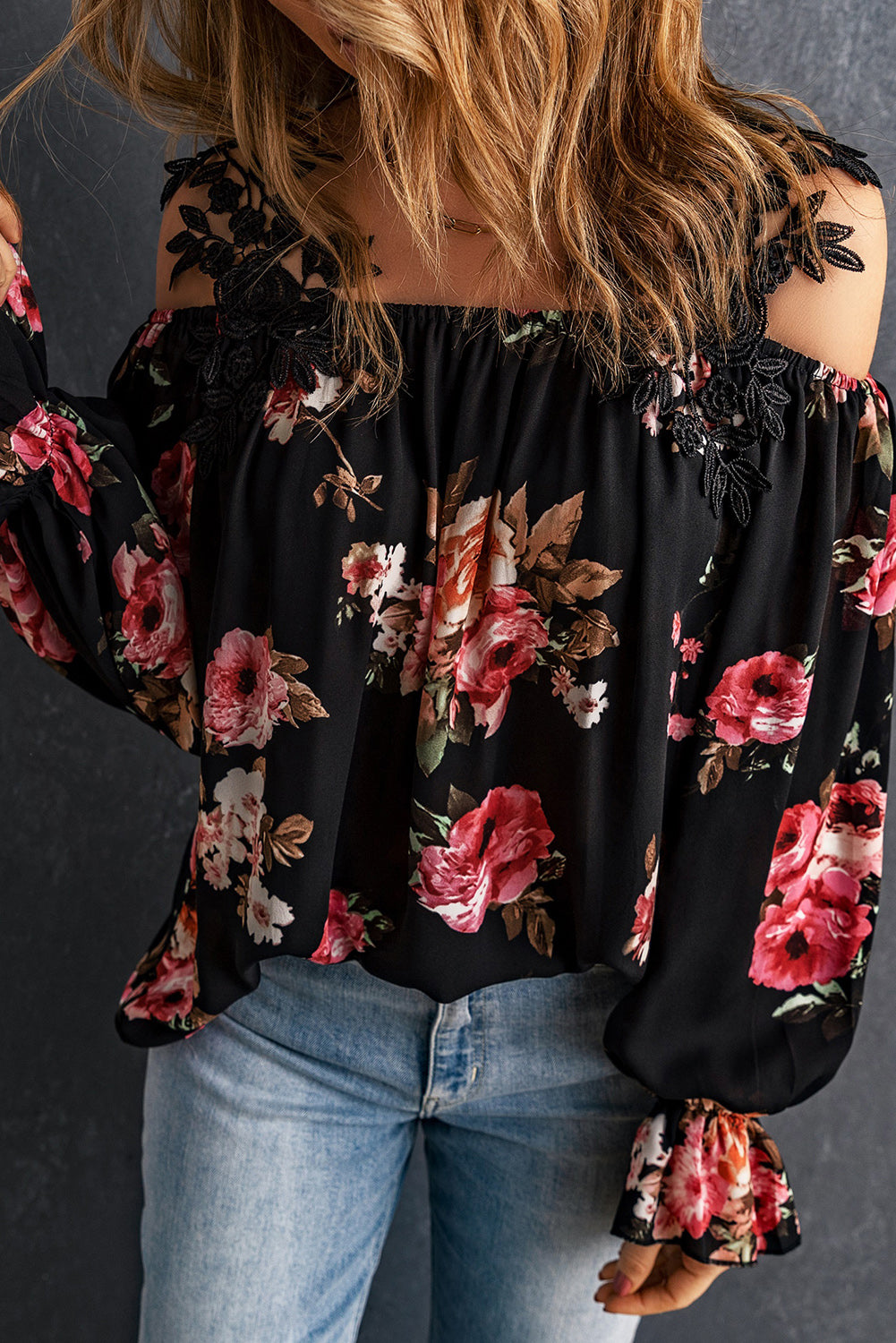 Floral Lace Flounce Sleeve Blouse