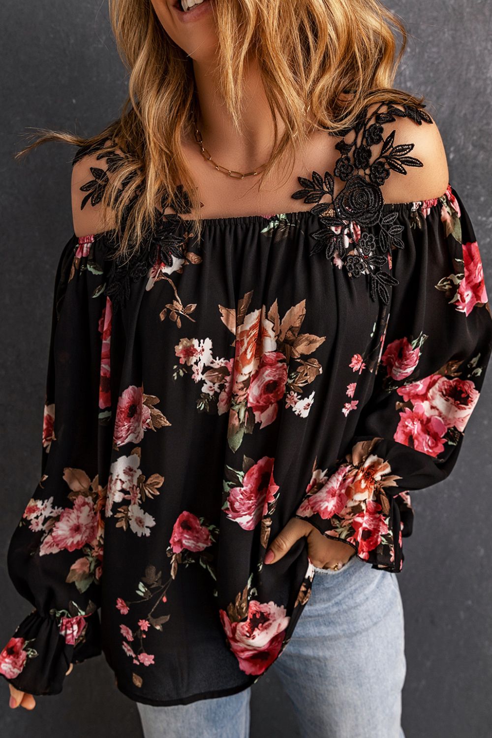 Floral Lace Flounce Sleeve Blouse