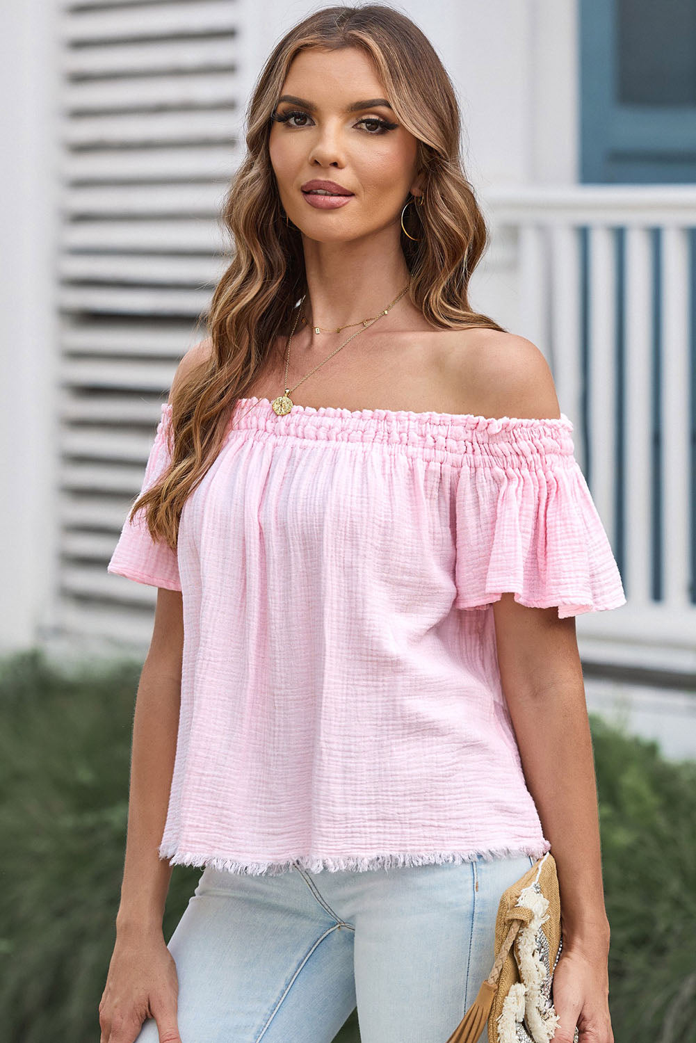 Off The Shoulder Baby Pink Blouse