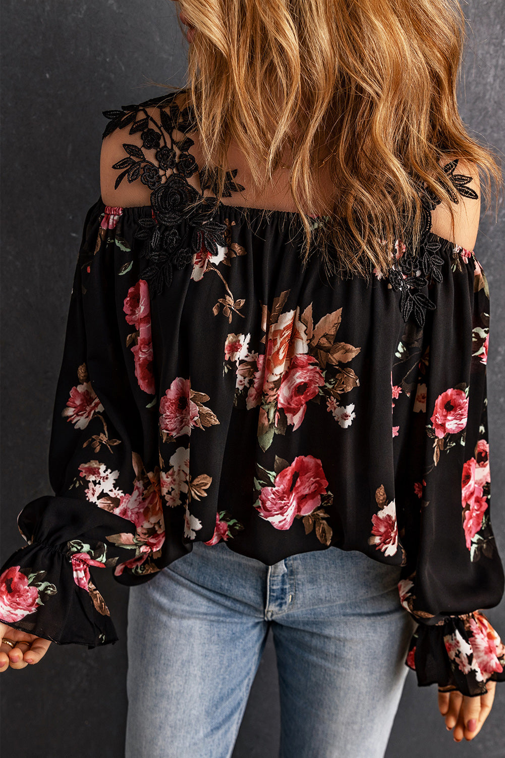 Floral Lace Flounce Sleeve Blouse